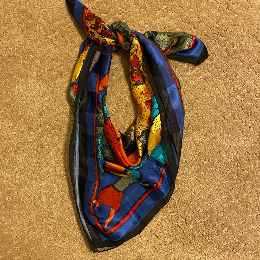 D’Argenlieu Paris - Lovely silk scarf (blue/black/gold/green/orange) 34” x 34”